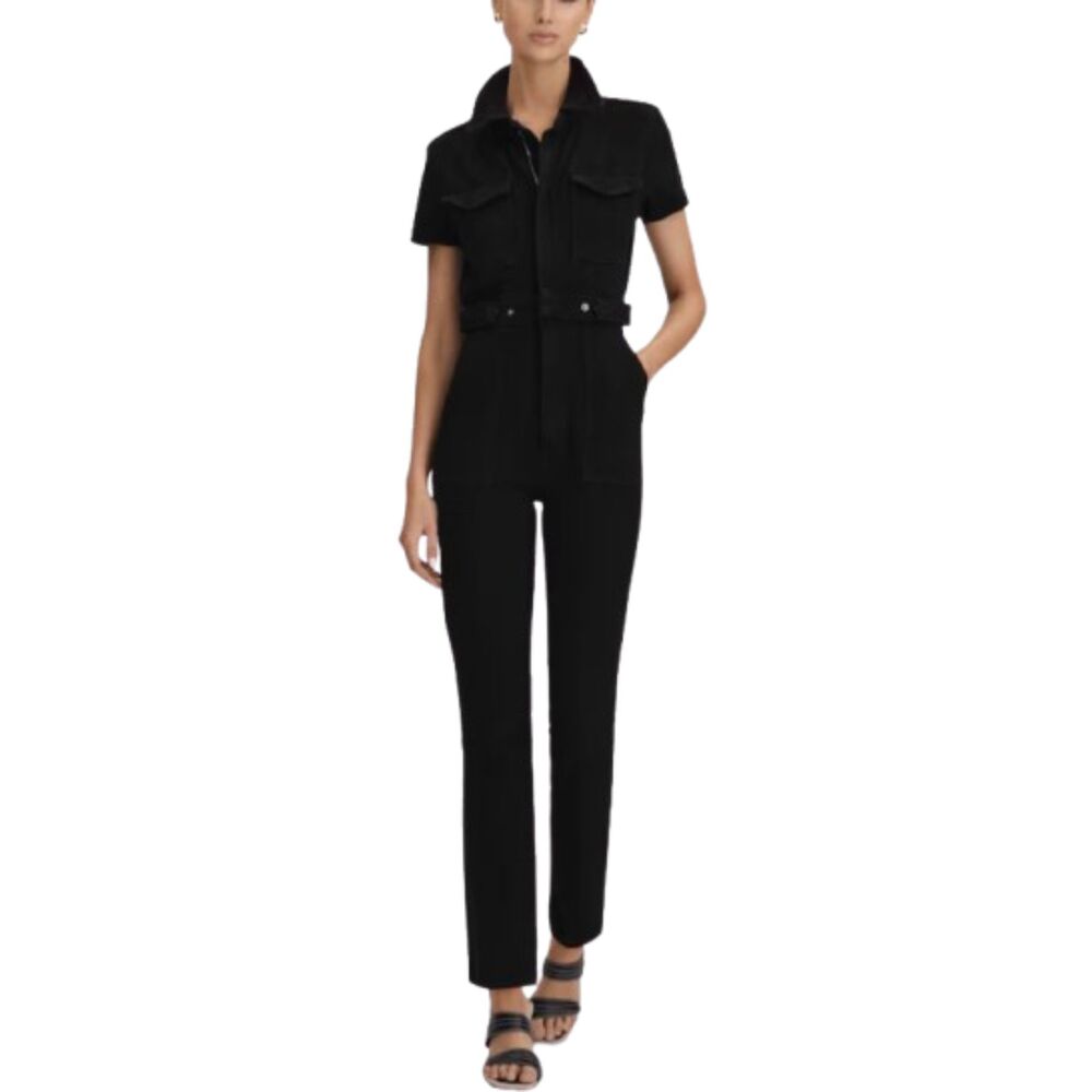 Good American Black Denim Utility Streetwear Straight Leg Jumpsuit Size L -$199